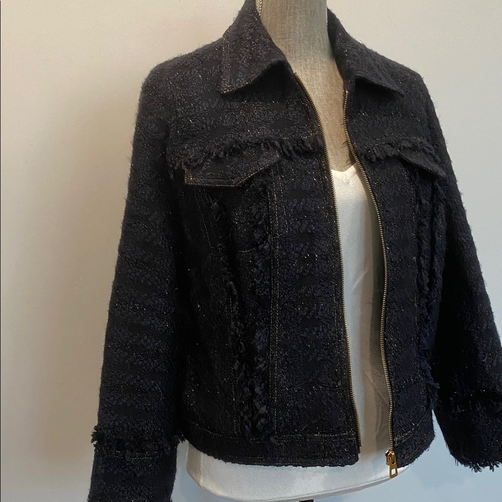 Tory Burch Black Bouclé Tweed Blazer Zip Lady Like Size 12 Fringe Detail Jacket - Picture 6 of 15